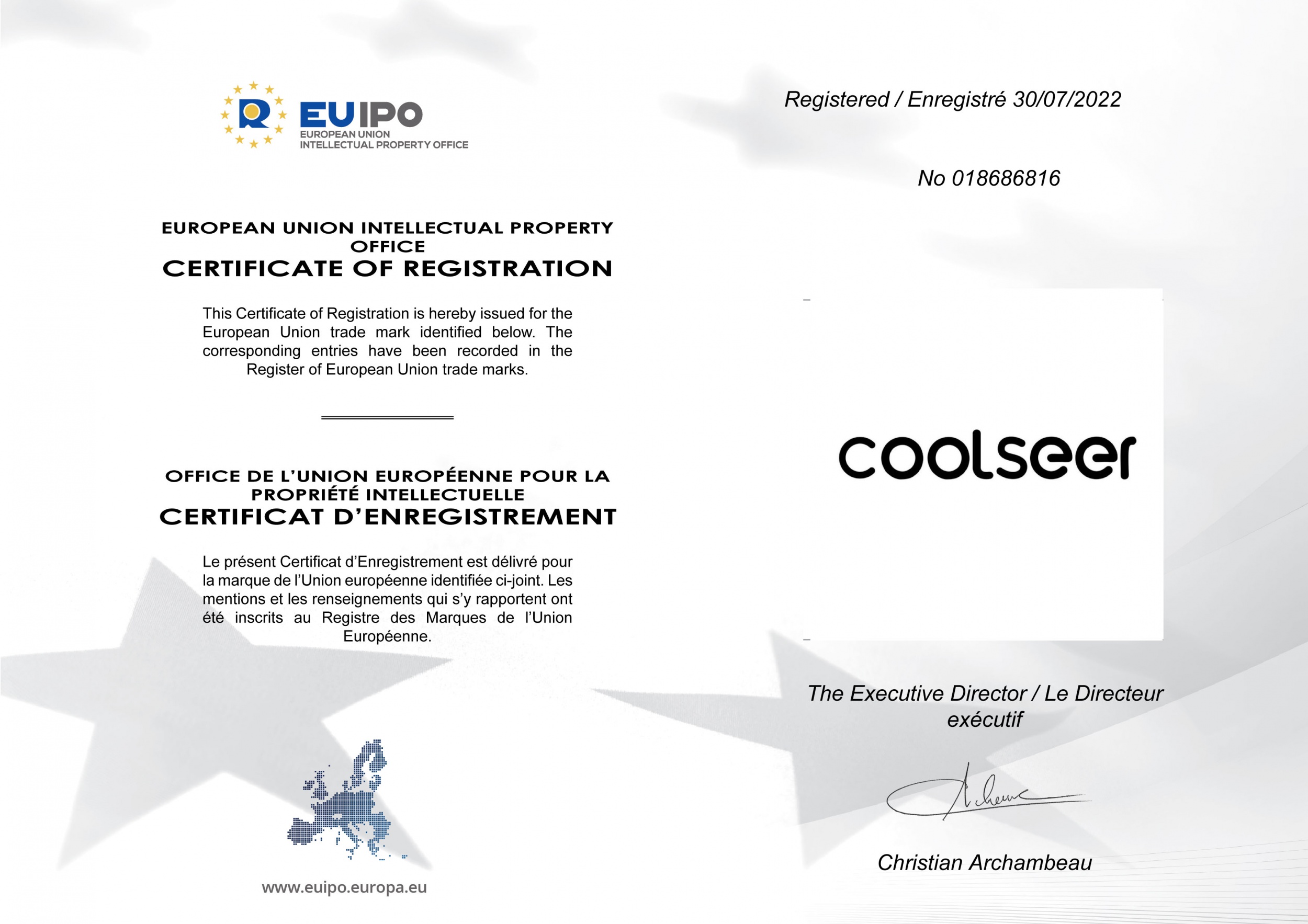 Conguratulation registered successfully with coolseer trademark in EU
